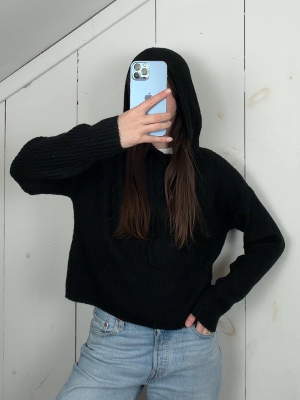 NWT Victoria’s Secret Black Cropped Hooded Sweatshirt Ribbed Sweater Women’s‎ XS